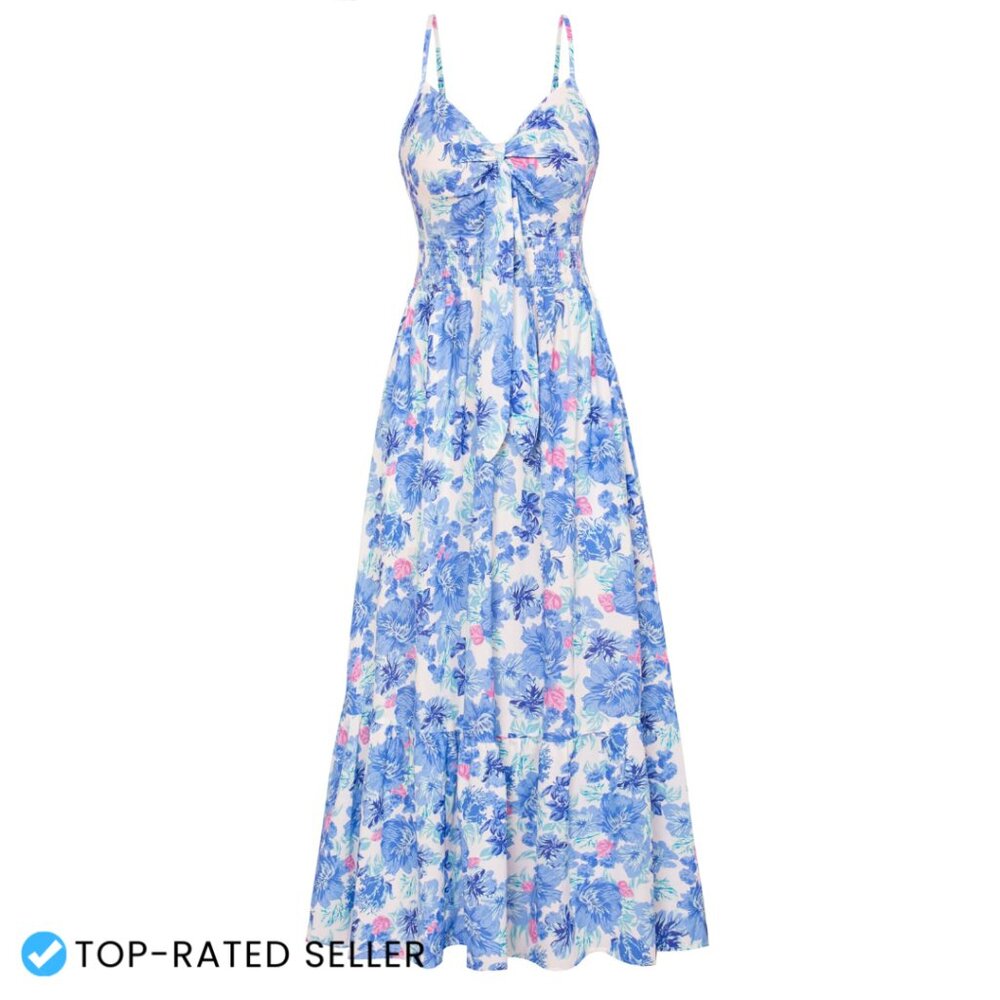 Summer Maxi Dress Flowy Boho V-Neck Sleeveless A-Line Beach Vacation Party